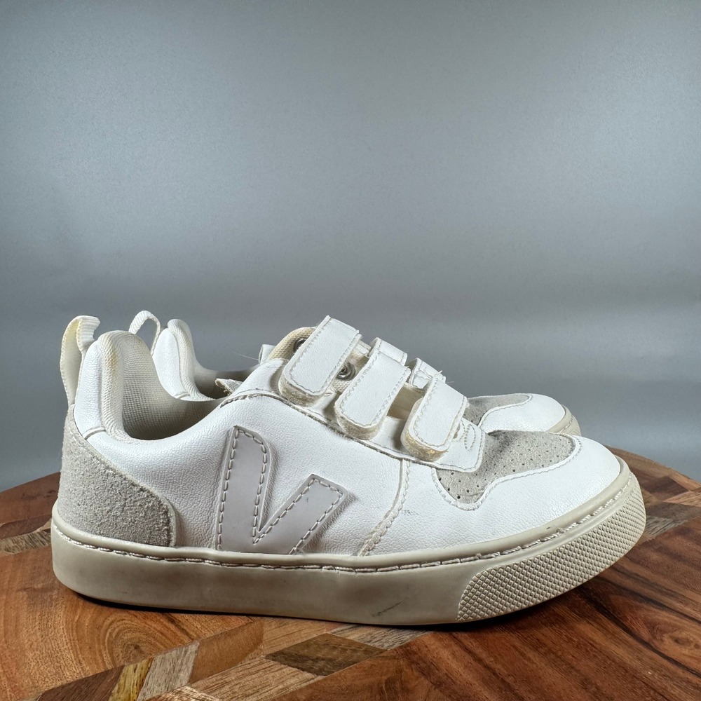 Veja V-10 Kids White Leather Suede Triple Strap Sneakers EUR 31 US 13.5
